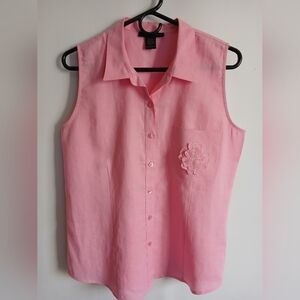 Ann Carson Sleeveless Pink 100% Linen Sleeve Blouse Appliqued Flower SzL